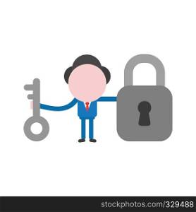 Vector illustration businessman character holding key and closed padlock.