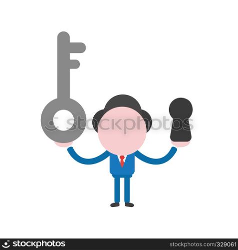Vector illustration businessman character holding key and keyhole.