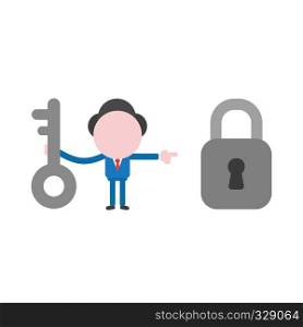 Vector illustration businessman character holding key and pointing padlock to unlock.
