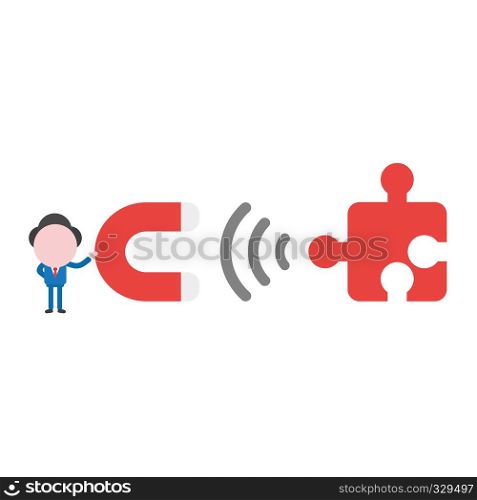 Vector illustration businessman character holding magnet and attracting missing jigsaw puzzle piece.