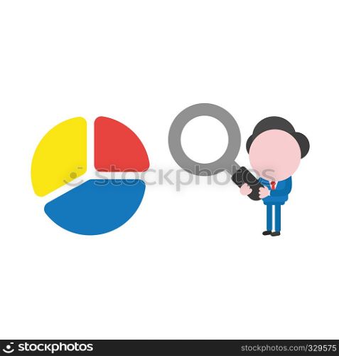Vector illustration businessman character holding magnifying glass and looking at three parts diagram.
