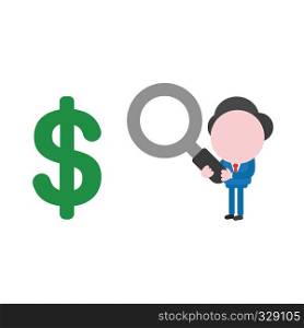 Vector illustration businessman character holding magnifying glass to dollar symbol.