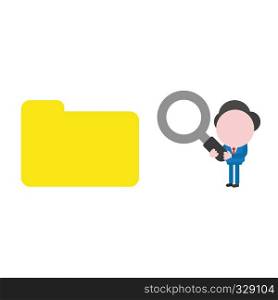 Vector illustration businessman character holding magnifying glass to file folder.