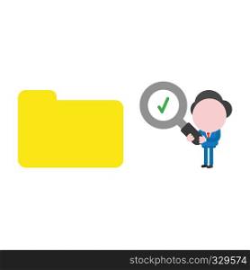 Vector illustration businessman character holding magnifying glass with check mark and looking at closed file folder.