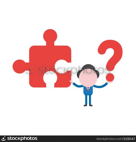 Vector illustration businessman character holding missin jigsaw puzzle piece and question mark.