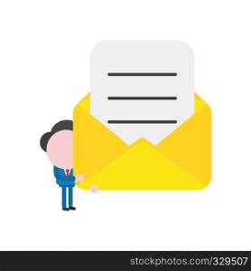 Vector illustration businessman character holding open mail envelope with written paper.