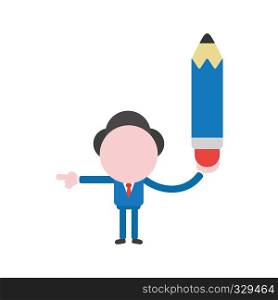 Vector illustration businessman character holding pencil and pointing.