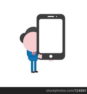 Vector illustration businessman character holding smartphone.