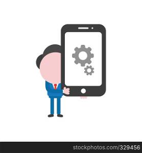 Vector illustration businessman character holding smartphone with gears.