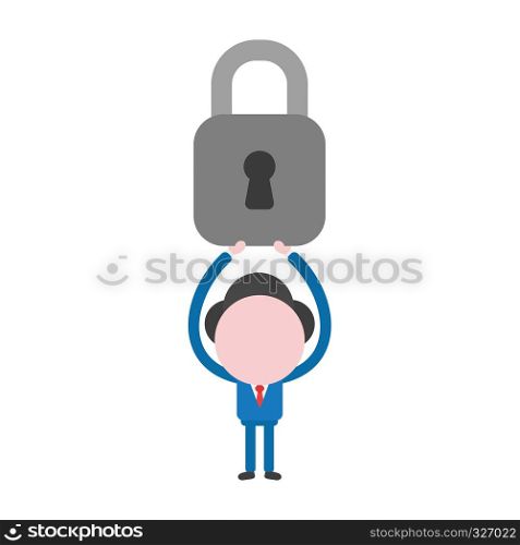 Vector illustration businessman character holding up closed padlock.