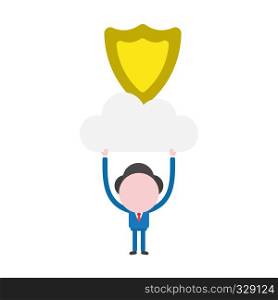 Vector illustration businessman character holding up cloud with guard shield.