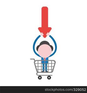 Vector illustration businessman character holding up discount arrow moving down inside shopping cart.