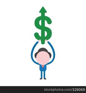 Vector illustration businessman character holding up dollar arrow moving up.