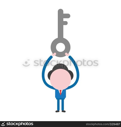 Vector illustration businessman character holding up key.