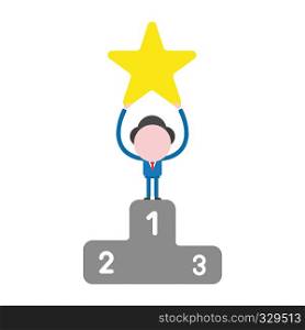 Vector illustration businessman character holding up star on first place of podium.