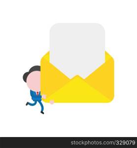 Vector illustration businessman character running and carrying blank paper in open mail envelope.
