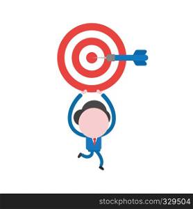 Vector illustration businessman character running and carrying bulls eye with dart in the center.