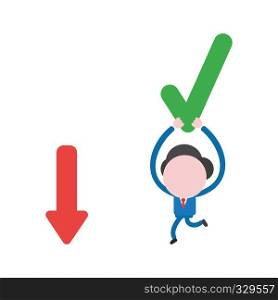 Vector illustration businessman character running and carrying check mark to arrow moving down.