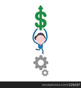 Vector illustration businessman character running and carrying dollar arrow moving up on gears.