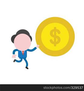 Vector illustration businessman character running and carrying dollar money coin.