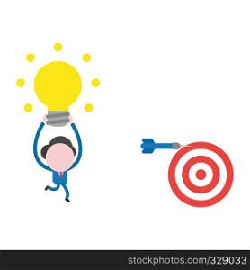 Vector illustration businessman character running and carrying glowing light bulb to dart miss the mark on bulls eye.