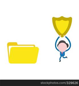 Vector illustration businessman character running and carrying guard shield to open file folder.