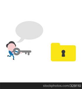 Vector illustration businessman character running and carrying key to unlock file folder keyhole with blank speech bubble.