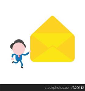 Vector illustration businessman character running and carrying open empty mail envelope.