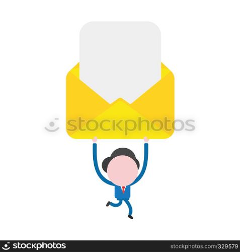 Vector illustration businessman character running and carrying open mail envelope with blank paper.