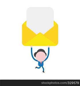 Vector illustration businessman character running and carrying open mail envelope with blank paper.