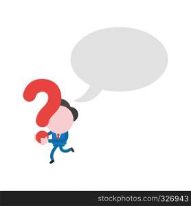 Vector illustration businessman character running and carrying question mark with blank speech bubble.