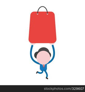 Vector illustration businessman character running and carrying red shopping bag.