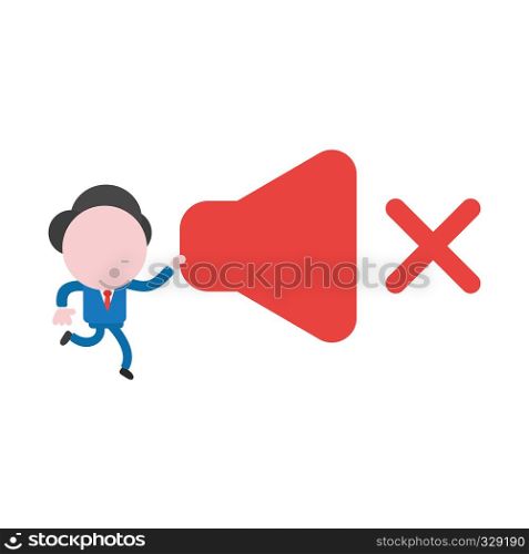 Vector illustration businessman character running and carrying sound off icon.