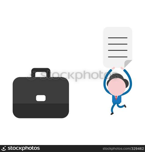 Vector illustration businessman character running and carrying written paper to briefcase.