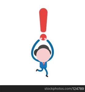 Vector illustration businessman character running and holding up red exclamation mark.