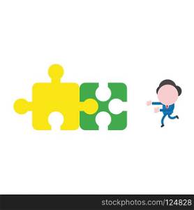 Vector illustration businessman character running to connected two jigsaw puzzle pieces.
