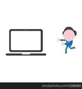 Vector illustration businessman character running to laptop computer.