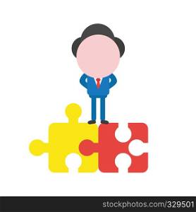 Vector illustration businessman character standing on two connected jigsaw puzzle pieces.