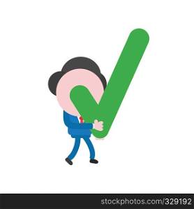 Vector illustration businessman character walking and holding check mark.