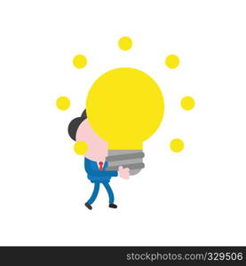 Vector illustration businessman character walking and holding glowing light bulb idea.