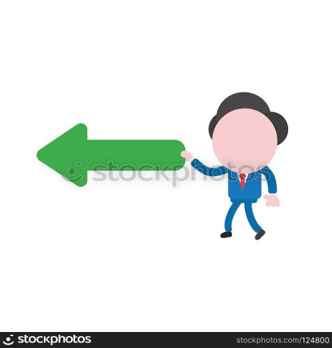 Vector illustration businessman character walking and holding green arrow pointing left.