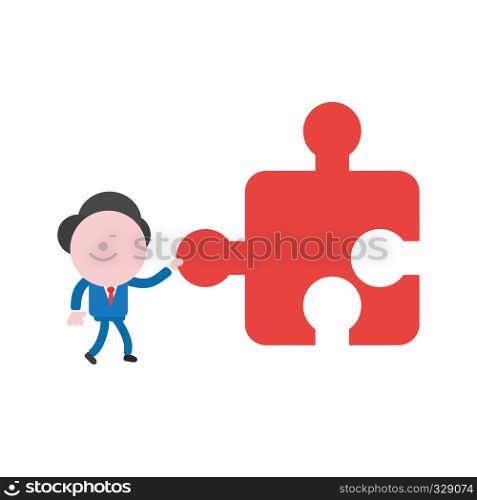 Vector illustration businessman character walking and holding missing jigsaw puzzle.
