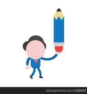 Vector illustration businessman character walking and holding pencil.