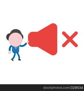 Vector illustration businessman character walking and holding sound off icon.