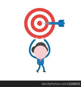 Vector illustration businessman character walking and holding up bulls eye with dart in the center.