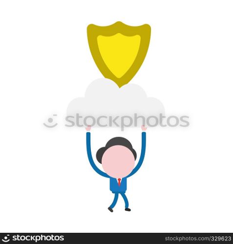 Vector illustration businessman character walking and holding up guard shield on cloud.