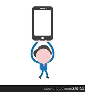 Vector illustration businessman character walking and holding up smartphone.