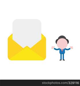 Vector illustration businessman character with blank paper in open mail envelope.