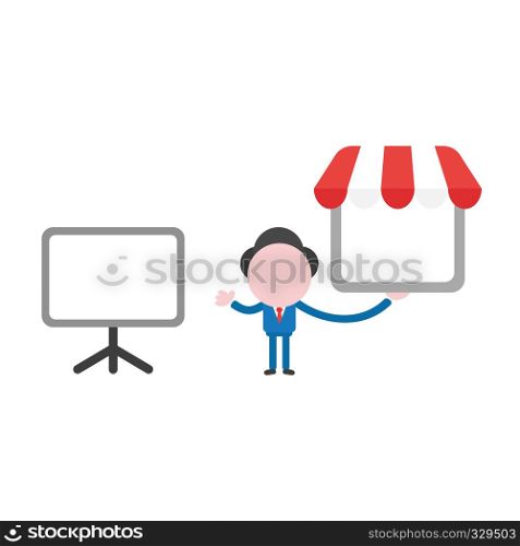 Vector illustration businessman character with blank presentation chart and holding shop store.
