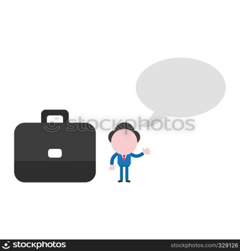 Vector illustration businessman character with blank speech bubble and briefcase.